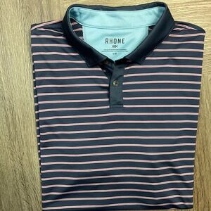 Rhone Polo Shirt Mens Large Navy Pink Stripe Performance Golf Short Sleeve